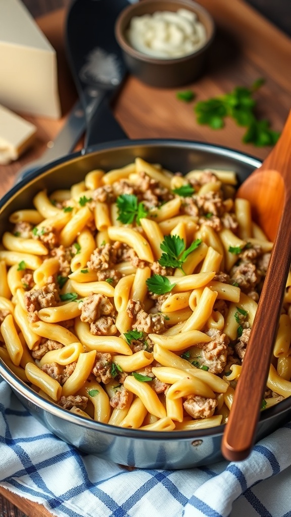 A skillet of Hamburger Helper with ground beef and pasta in cheese sauce, garnished with parsley.